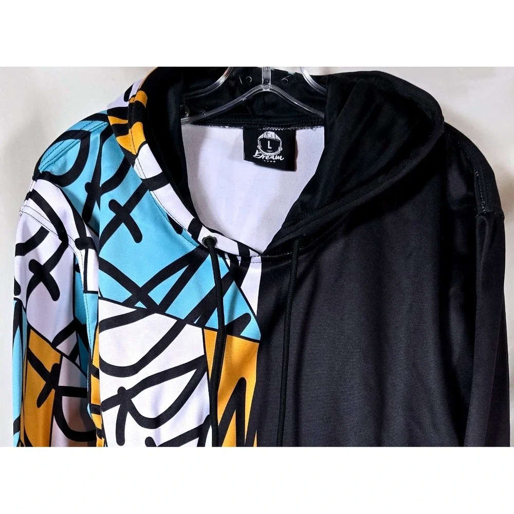Split Graphic Hoodie Black Multi Color Graffiti‎ Abstract Art Unisex Large